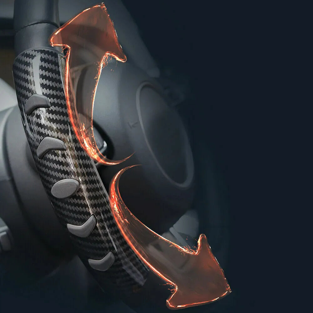 Carbon fibre black steering wheel anti-slip sleeve showing textured surface and 38cm diameter measurement