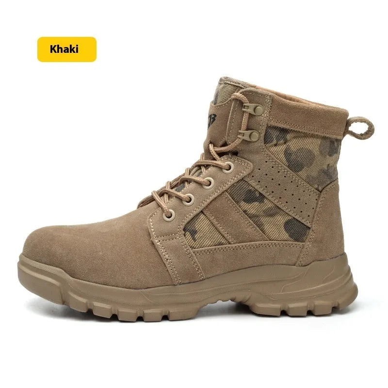 Khaki suede high-top combat boots with steel toe cap and lace-up front closure