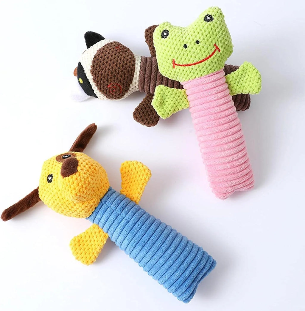 Dog squeaky chew toy in stuffed animal shape for dental cleaning and teething relief