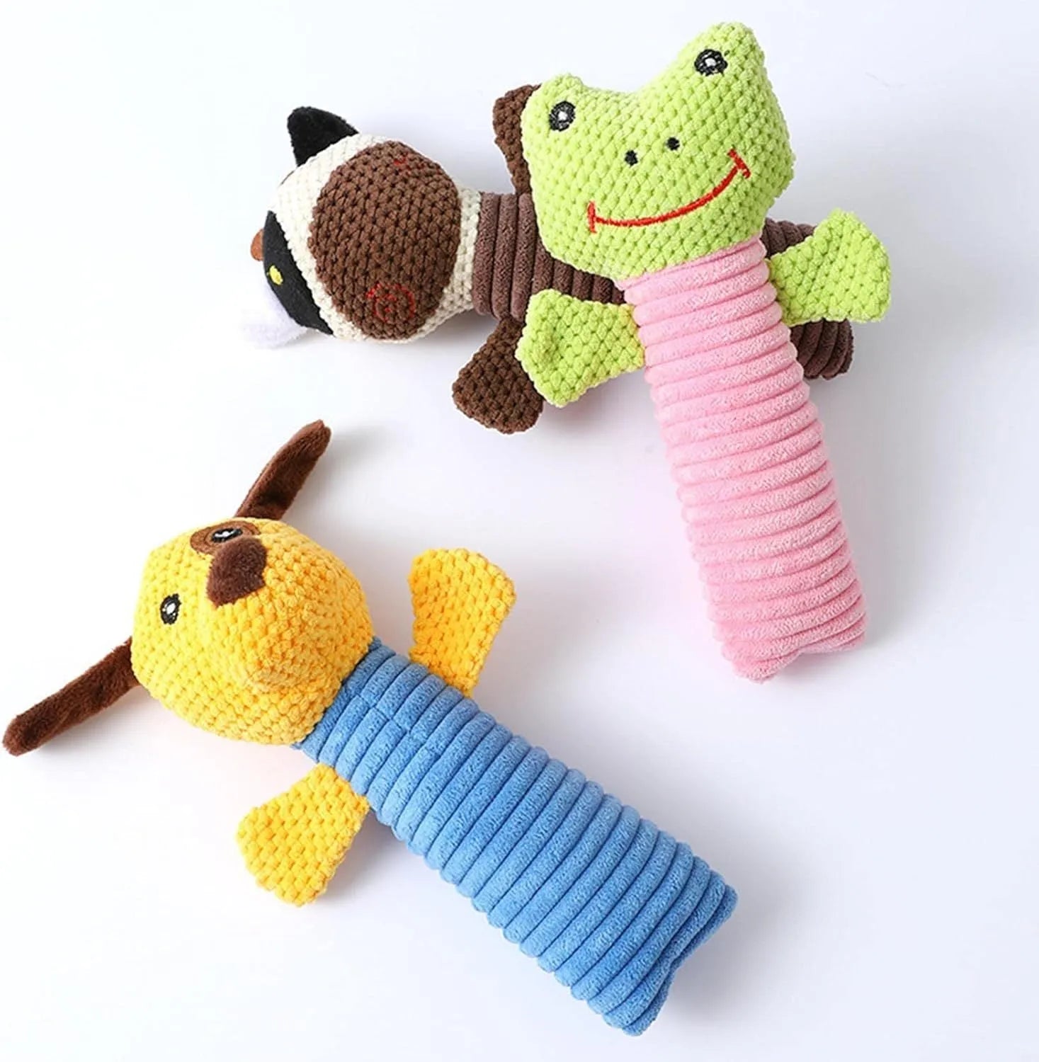 Dog squeaky chew toy in stuffed animal shape for dental cleaning and teething relief