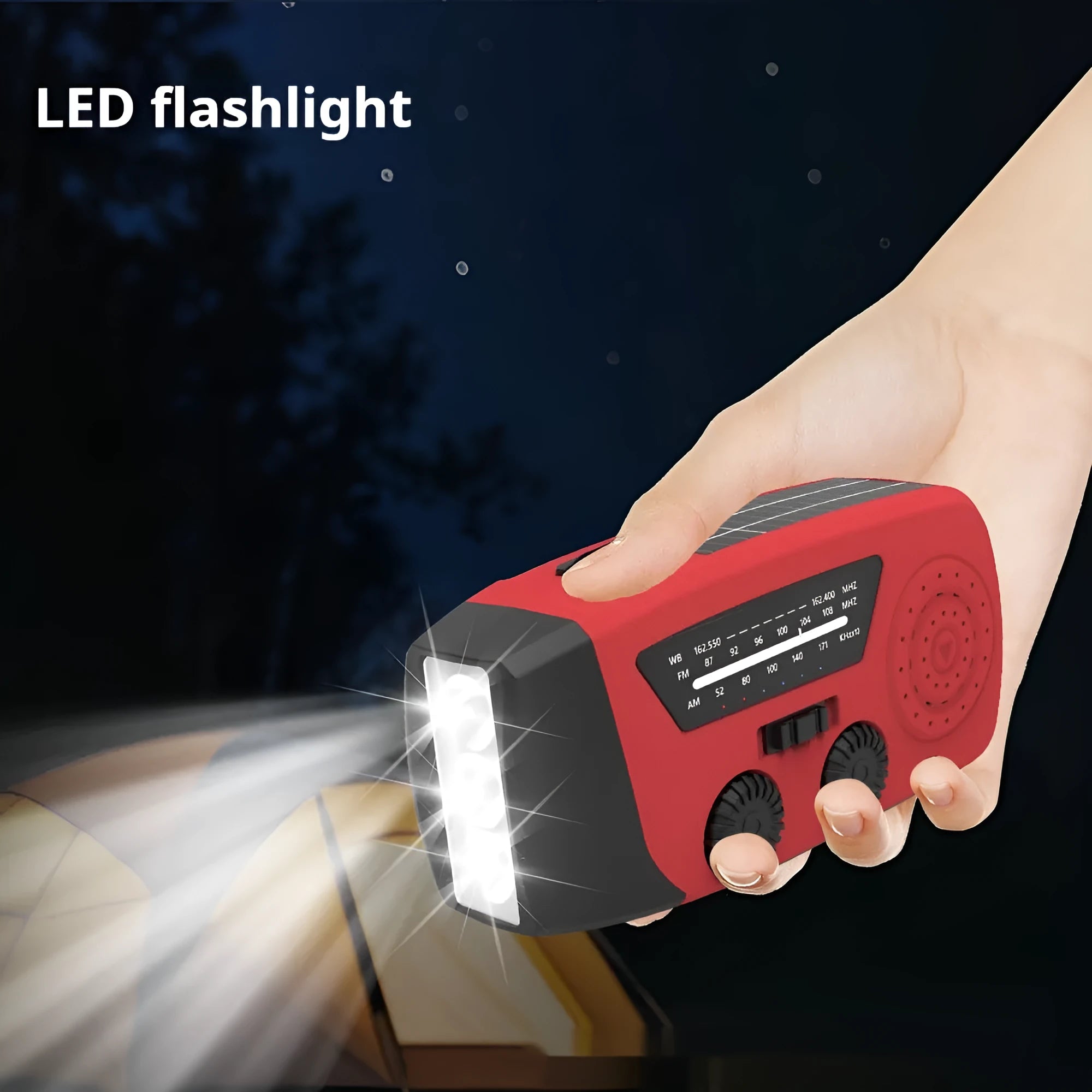 Red rechargeable emergency hand radio torch with built-in speaker and USB charging port