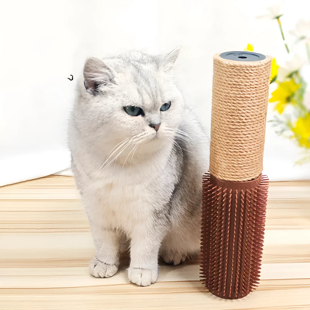 Brown sisal cat scratching post with face scratching device measuring 30cm tall