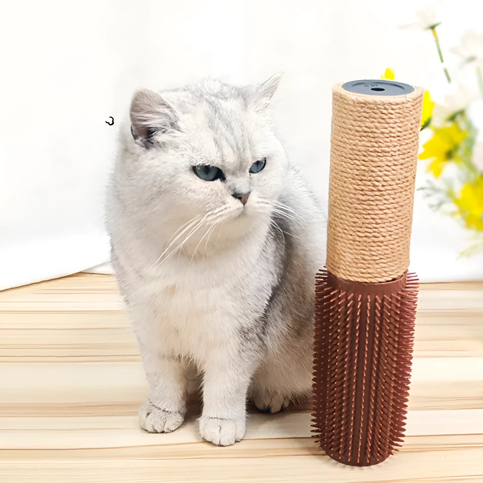 Brown sisal cat scratching post with face scratching device measuring 30cm tall