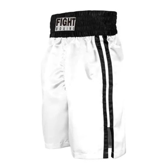 Boxing shorts for kickboxing in black and gold colour combination on a size chart.