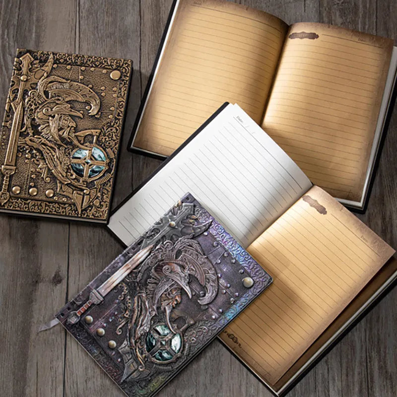 Handmade leather A5 notebook with 3D warriors embossed relief cover showing bronze colour option