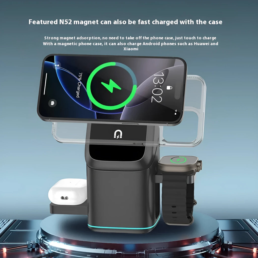 Black magnetic wireless charging stand for mobile phones with 180-degree rotation feature