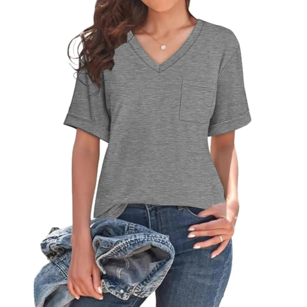 Grey loose V-neck short sleeve T-shirt with chest pocket in Japanese Korean casual style