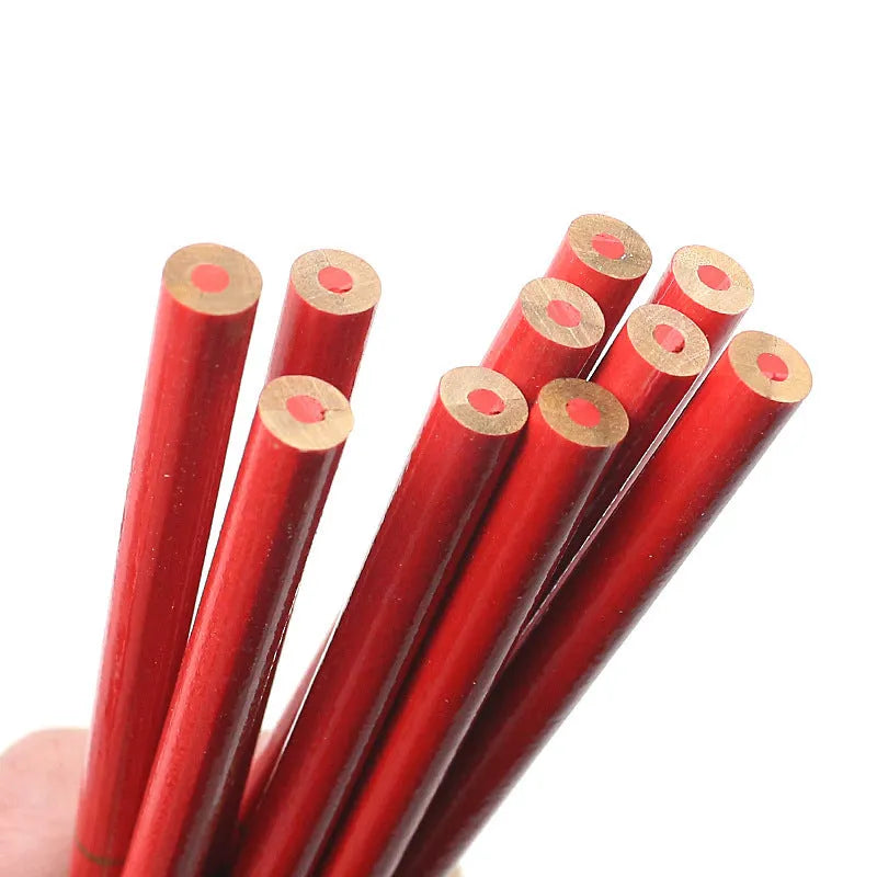 Pack of 10 red and blue two-colour wooden carpenter's pencils with round barrels.