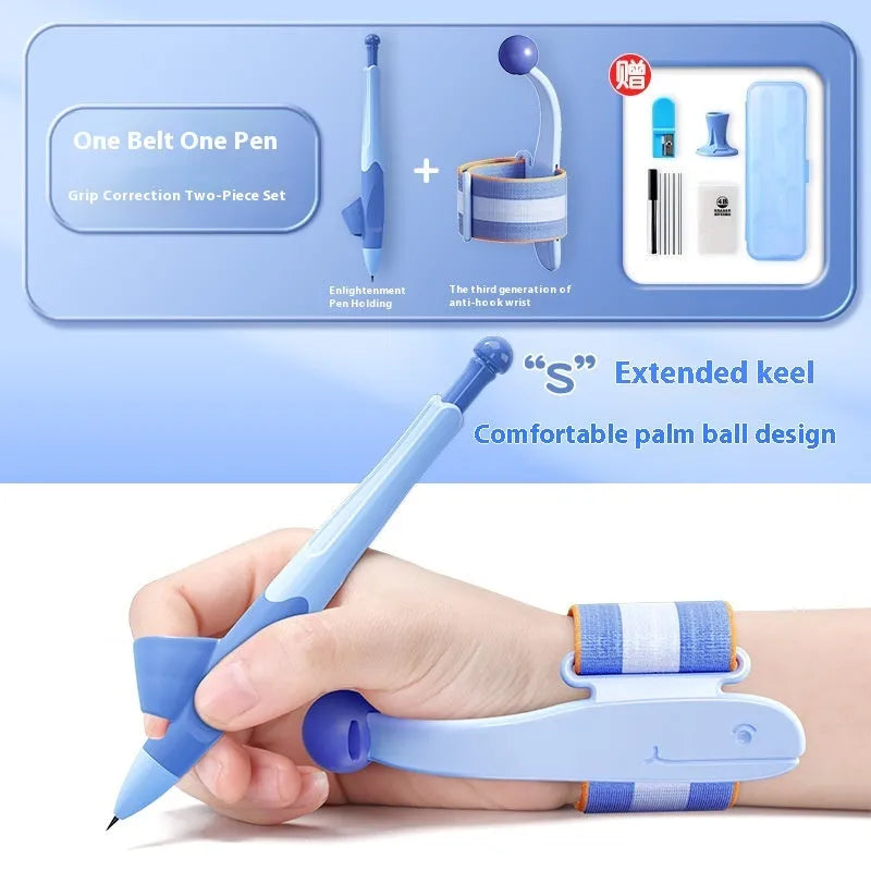 Anti-hook wrist brace pen control corrector for children's handwriting training in blue colour
