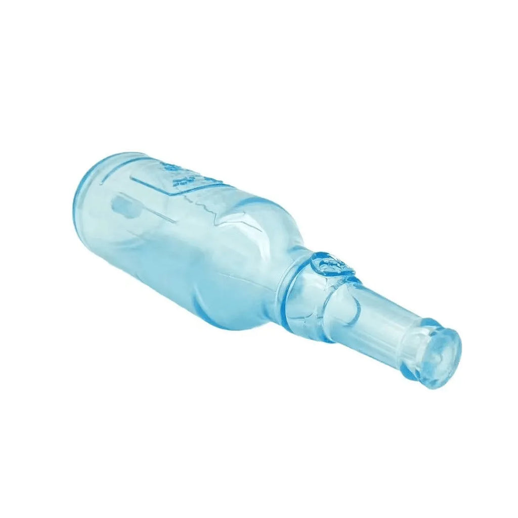 Blue green red natural rubber dog water bottle chew toy with squeaker floating in water