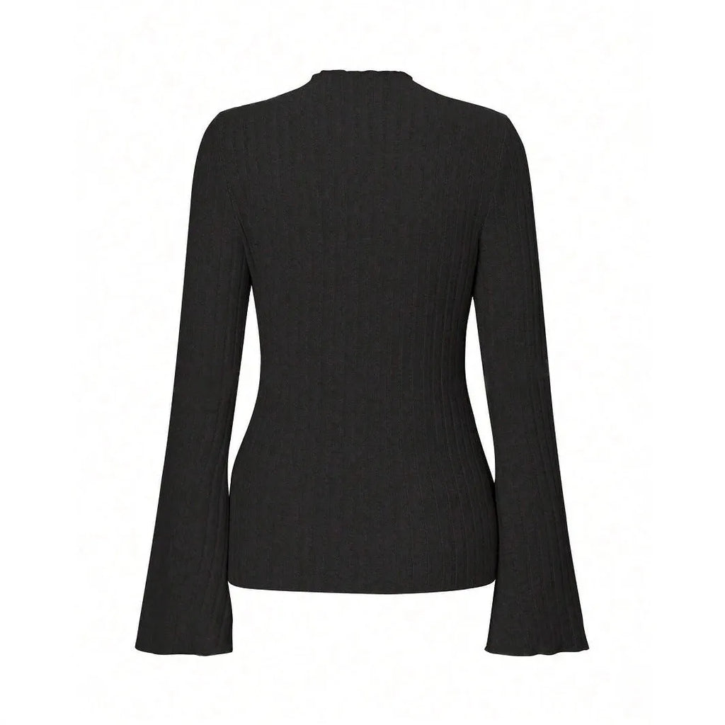 Black slim fit long sleeve top with lantern sleeves and a round neckline on a mannequin.