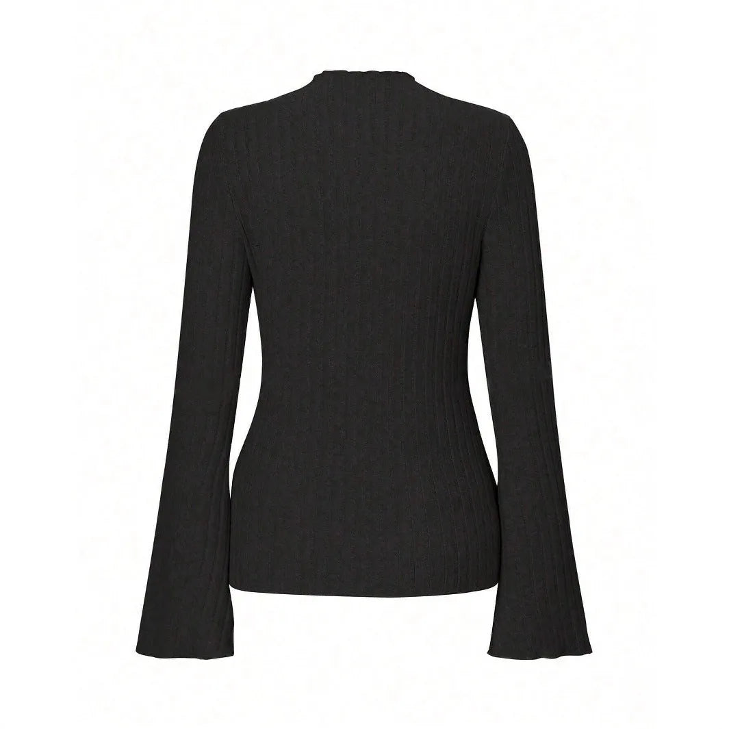 Black slim fit long sleeve top with lantern sleeves and a round neckline on a mannequin.