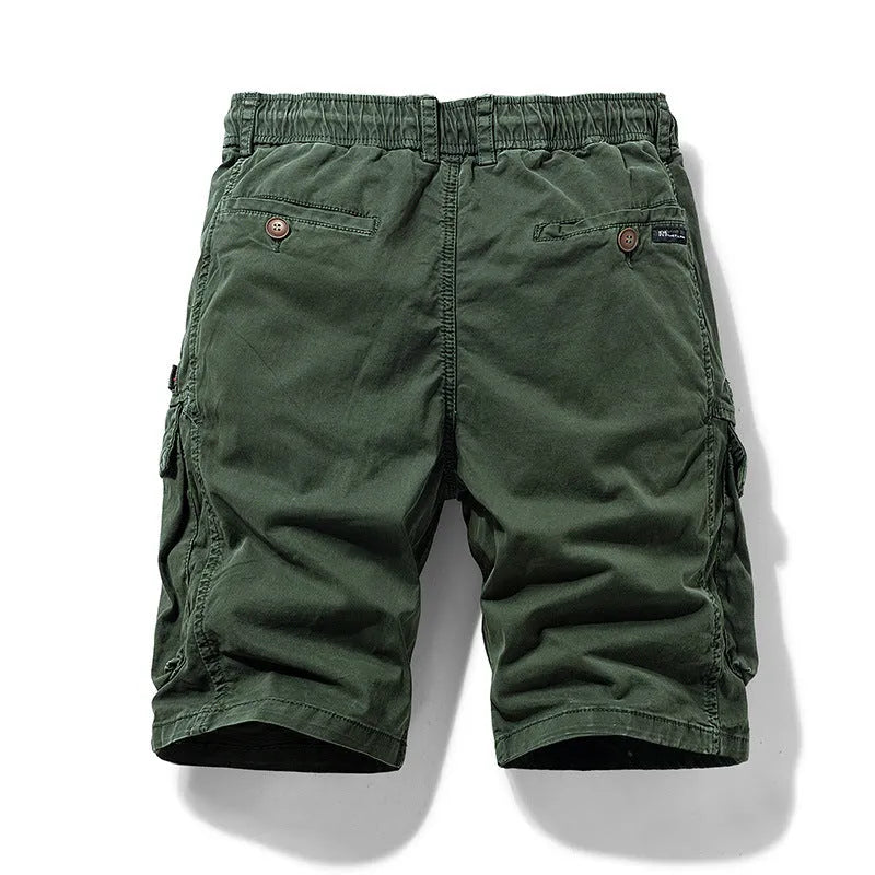 Men's cotton summer shorts with zip fly and multiple pockets in army green colour