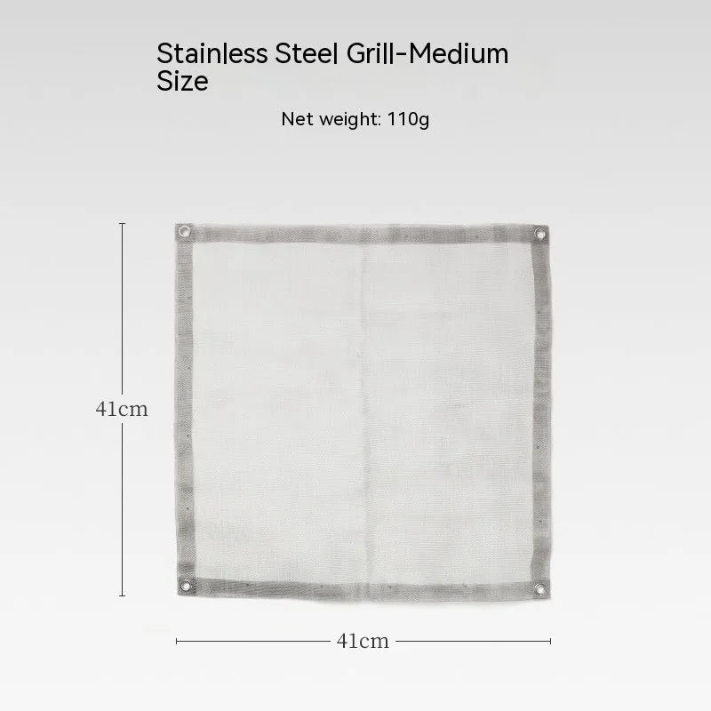Silver stainless steel barbecue grill net shown in medium and large size options.