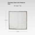 Silver stainless steel barbecue grill net shown in medium and large size options.