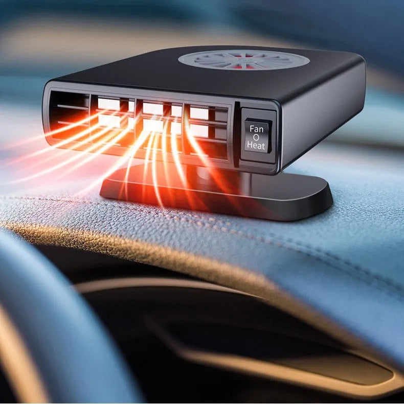 Black vehicle-mounted heater with adjustable vents for car defrosting and defogging, shown with double-sided adhesive.