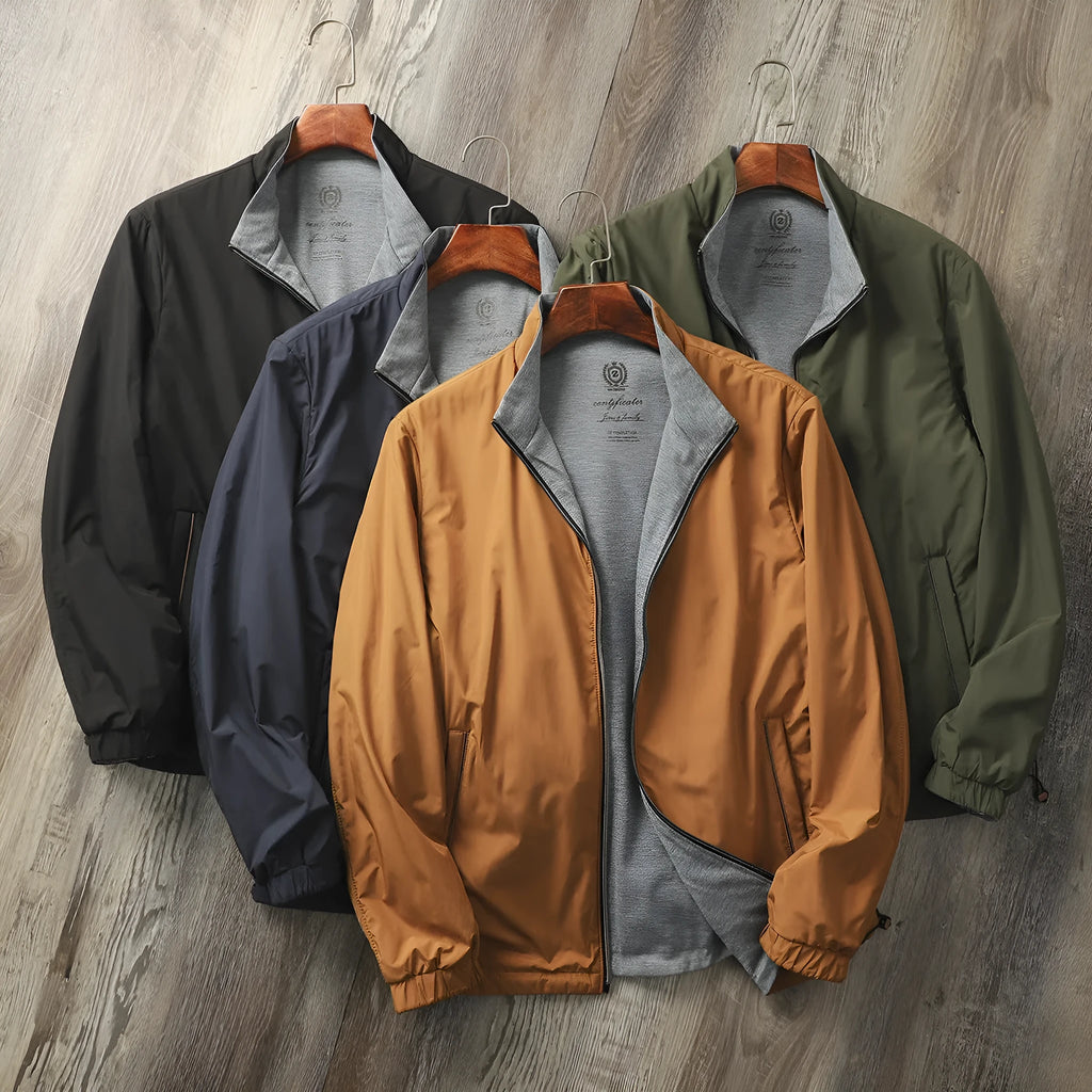 Men's stand collar casual jacket in polyester blend, shown in army green colour.