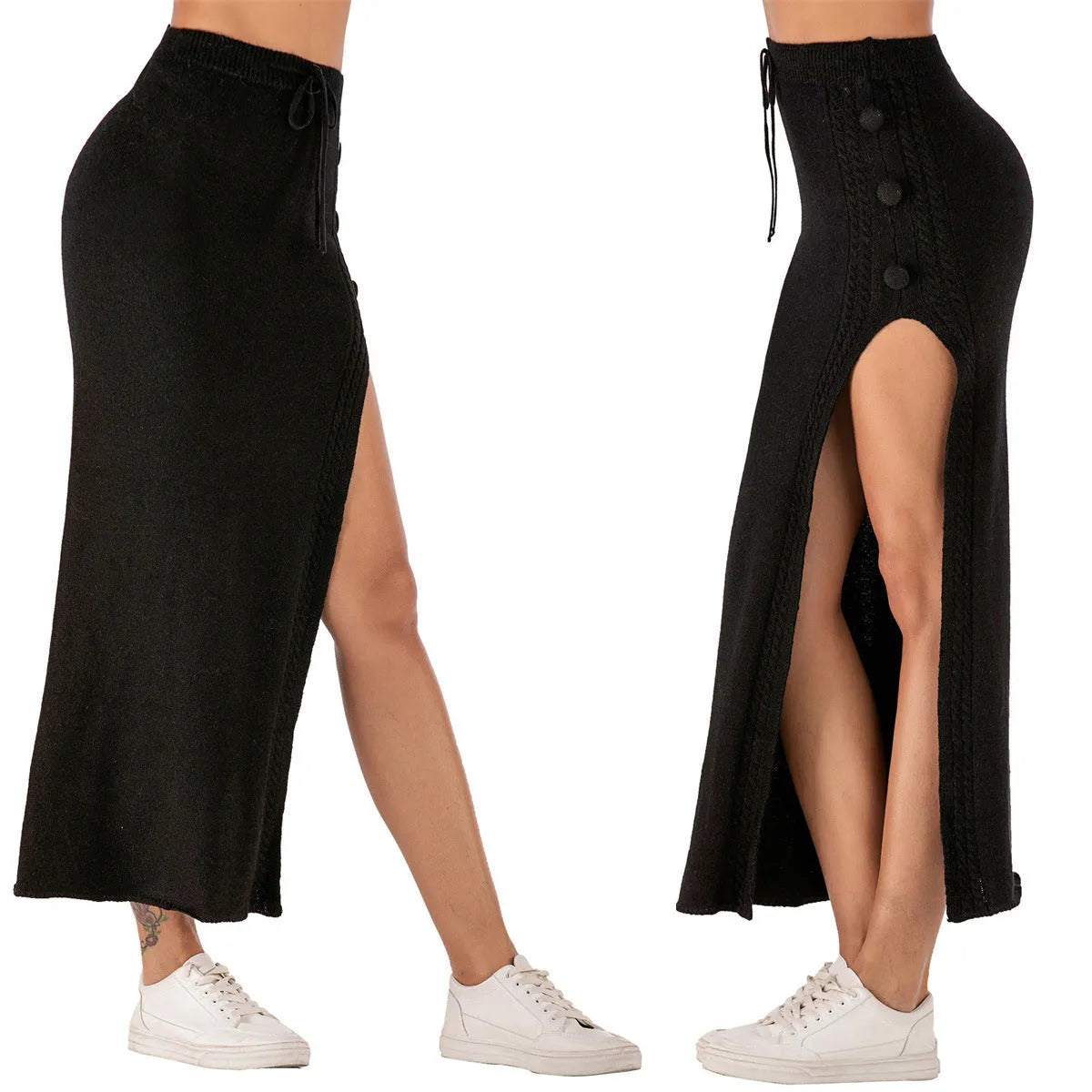 Black slim-fit acrylic midi skirt with a side split on a model.
