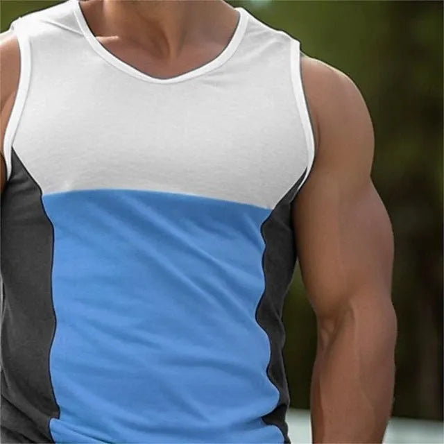 Men's blue cotton blend sports vest on a hanger showing front design.