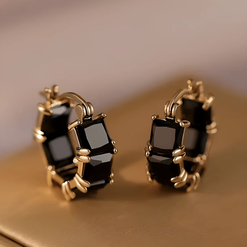 Geometric U-shaped women's earrings with round zircon elements in black, white or pink options