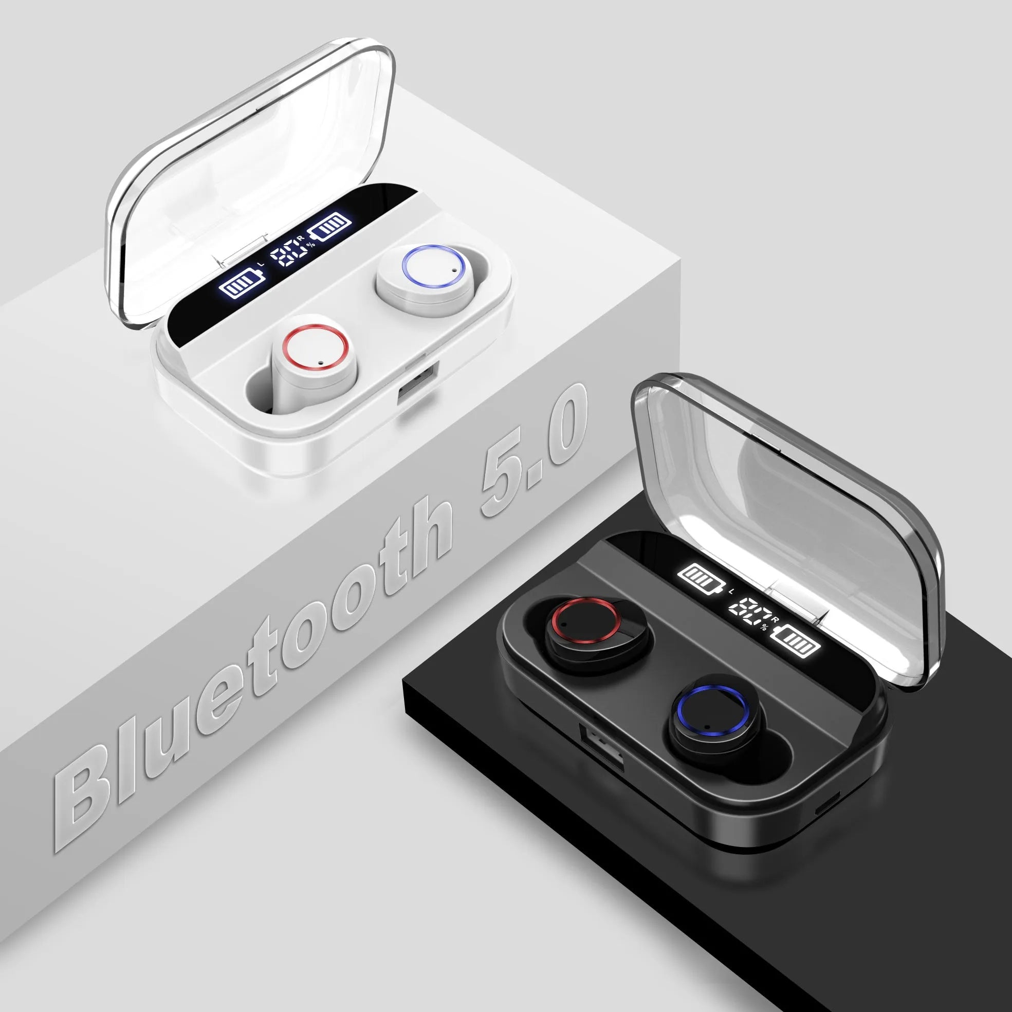 Black X11 Bluetooth wireless earbuds and charging case on a white background