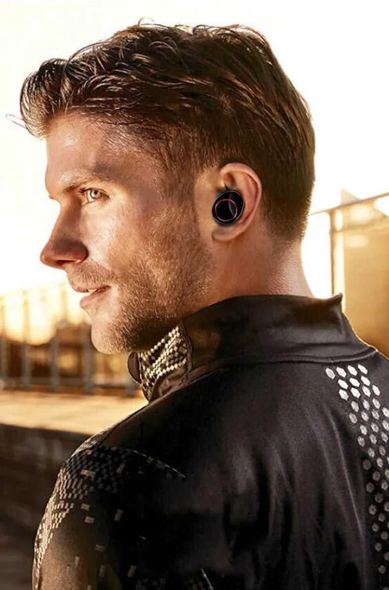 Black X11 Bluetooth wireless earbuds and charging case on a white background