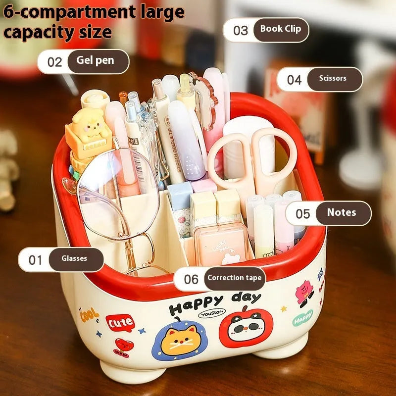 Cartoon style desktop storage organiser with multiple compartments including pen holders, storage boxes and flap trash can