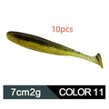 Two-tone soft plastic fishing lure with T-tail design measuring 7 centimetres