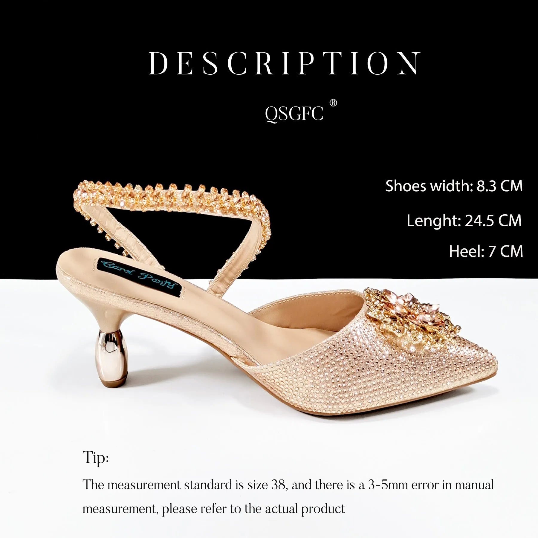 Women's black high heel ankle strap sandal with rhinestone flower and matching clutch bag.