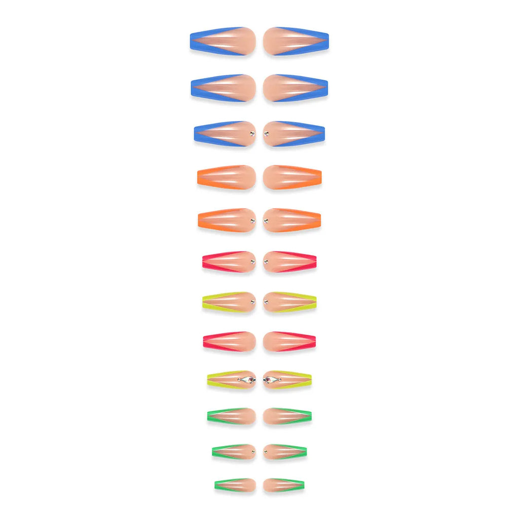 Detachable nail tips with diamond colour French design showing cartoon and cross heart patterns with application kit