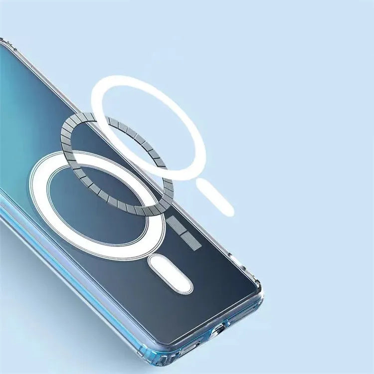 Transparent magnetic TPU phone case for Samsung S21, S22, S23 models on a table.