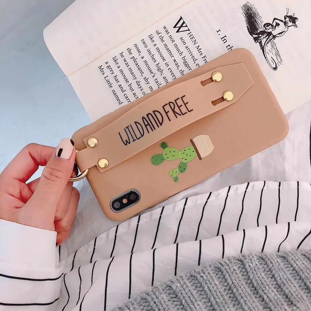 Green graffiti-style iPhone case with an integrated wristband holder on the back.