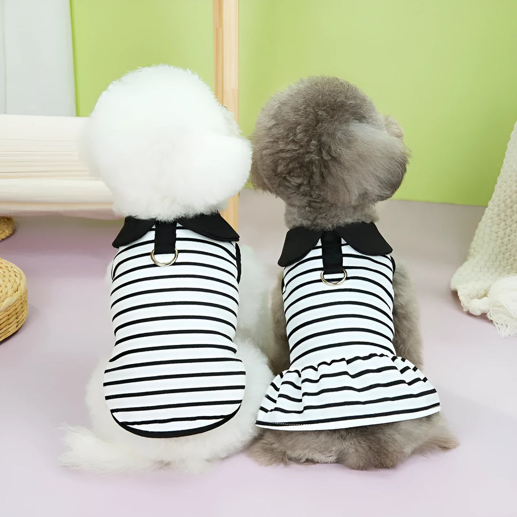 Striped cotton t-shirt and skirt set for dogs or cats on a mannequin, showing casual summer pet clothing.