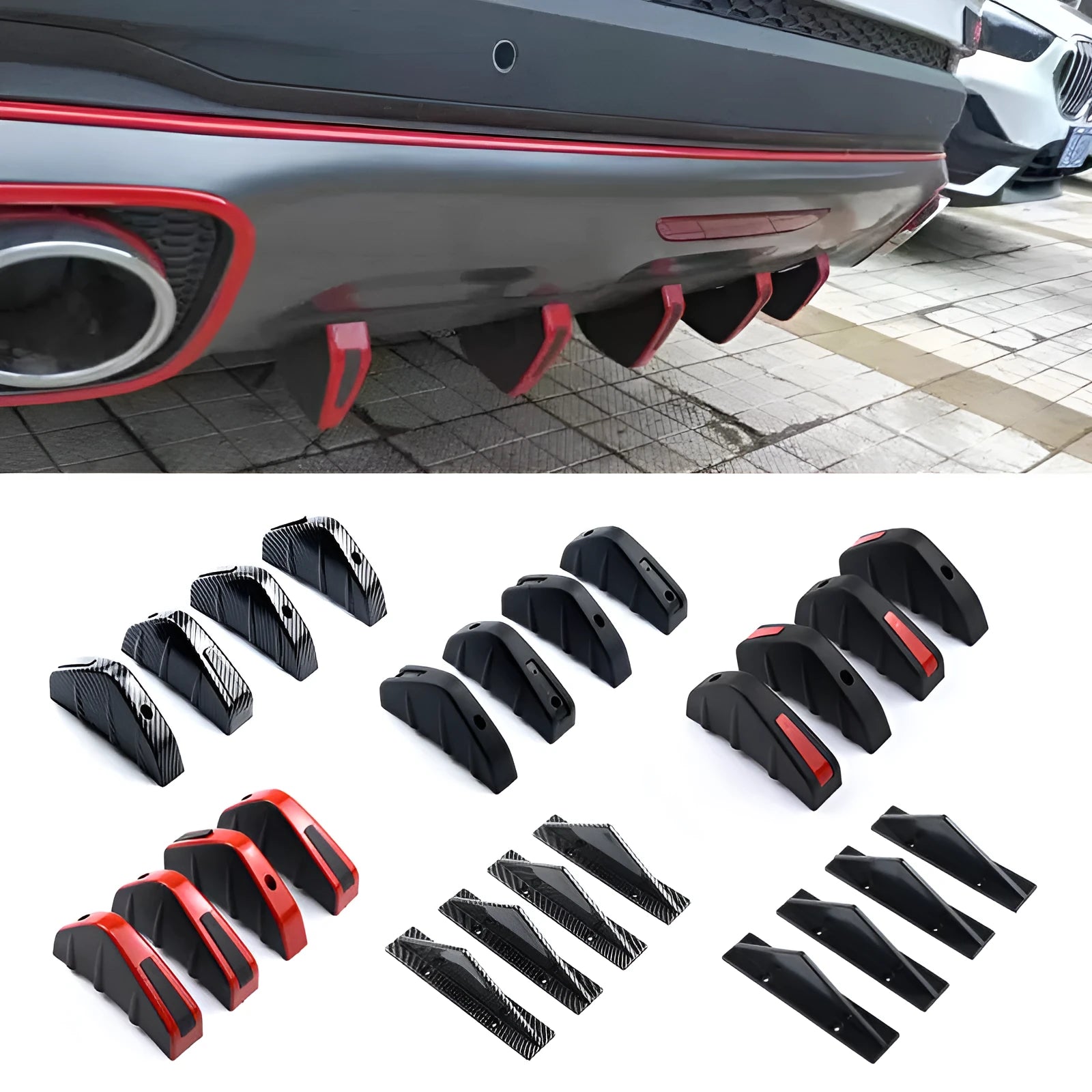 Black triangular rear spoiler chassis with carbon fibre pattern measuring 15cm for universal vehicle installation