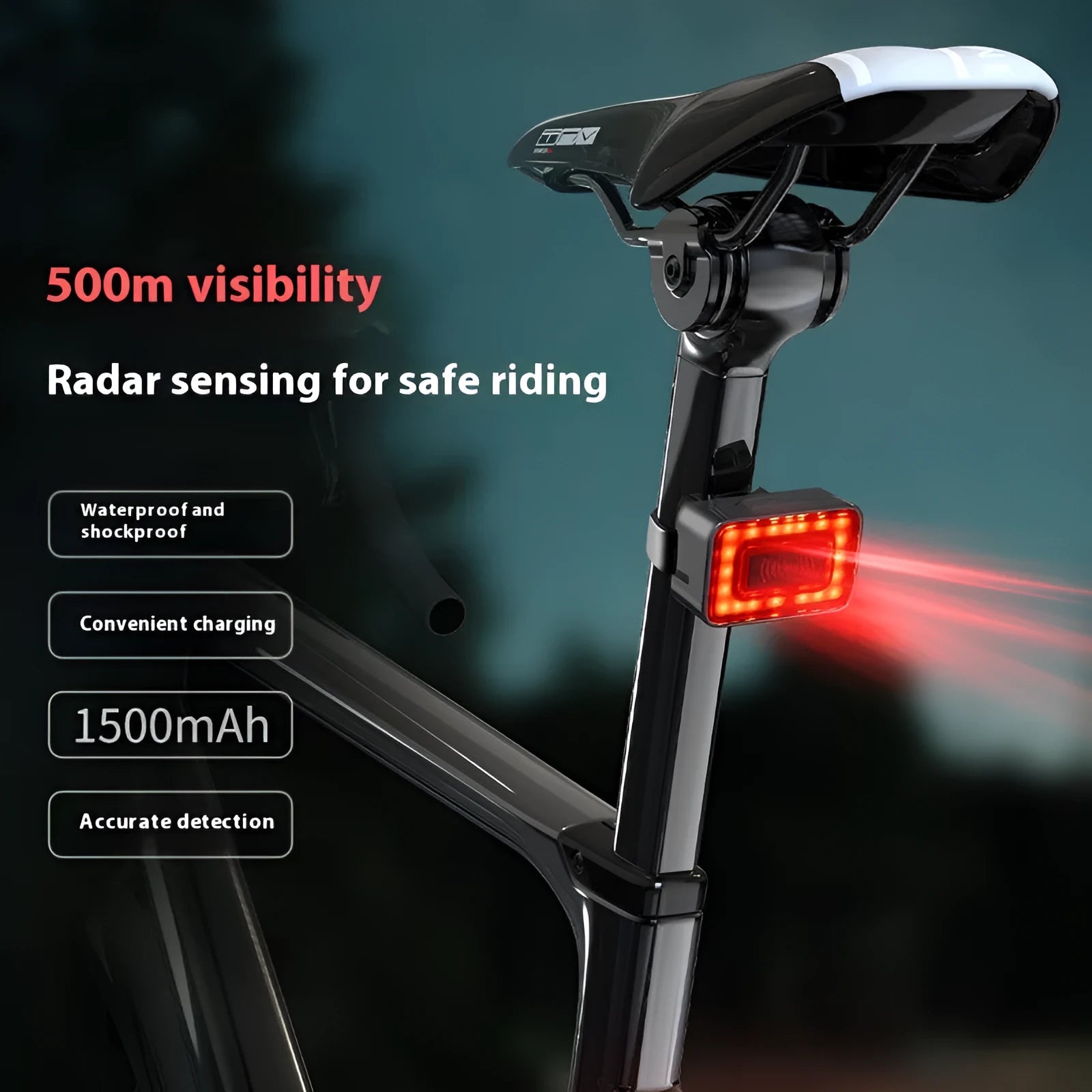 Compact black bicycle radar taillight with double mounting bracket shown from the rear.