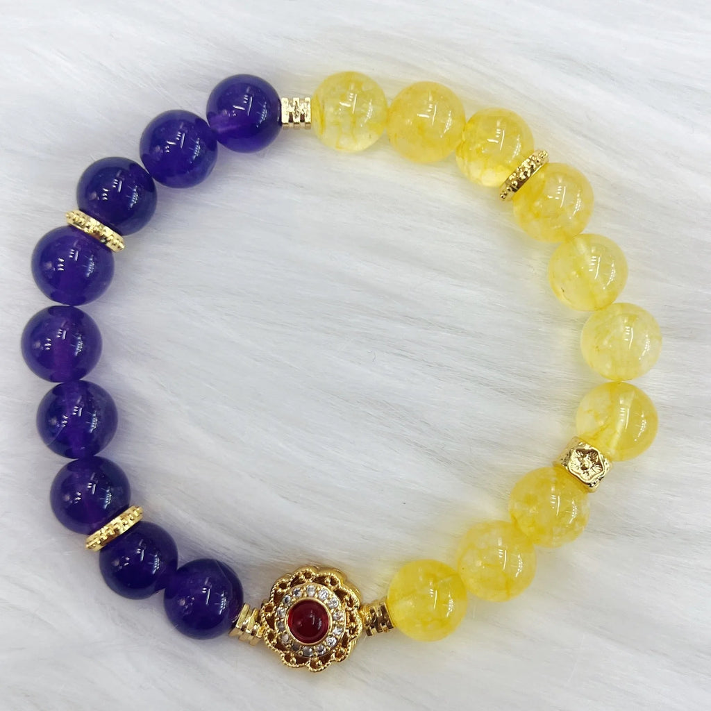 Handmade yellow and purple crystal bracelet with amethyst accents for women