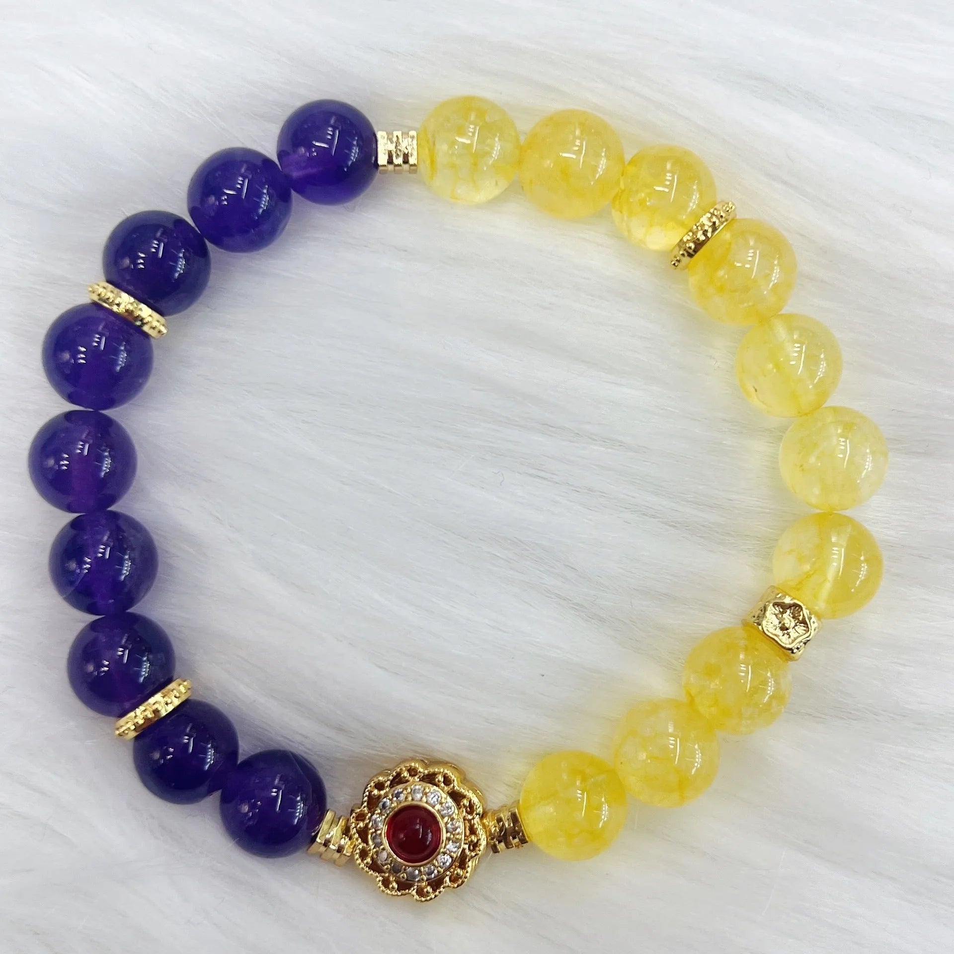 Handmade yellow and purple crystal bracelet with amethyst accents for women