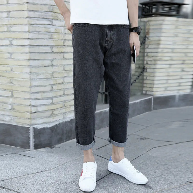 Men's loose straight leg harem jeans in black or blue cotton fabric with college style