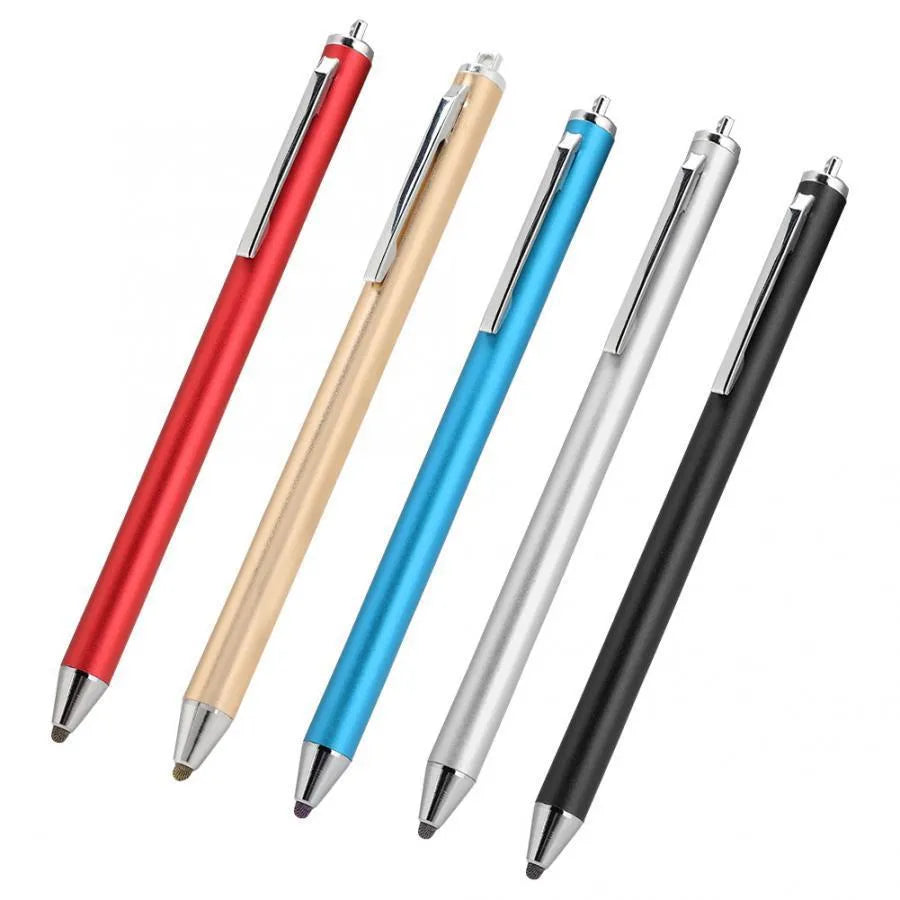 Metal casing stylus pen with fine tip, shown in multiple colour options.