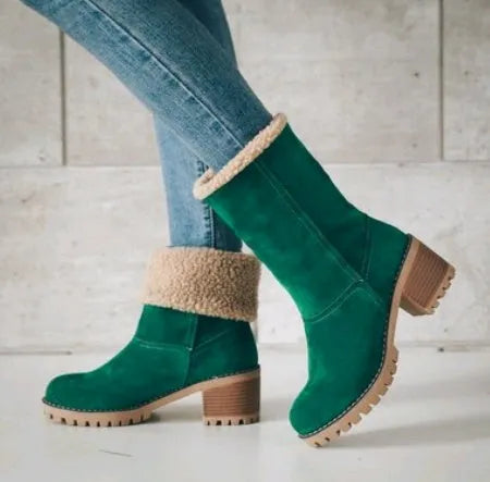 Women's suede mid-calf snow boot in grey with a flat heel and round toe.