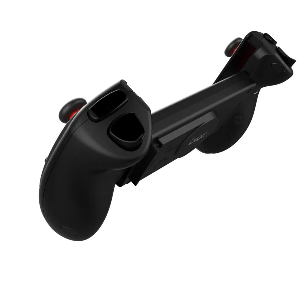 Red telescopic Bluetooth gamepad controller extended to hold a smartphone, with USB cable.