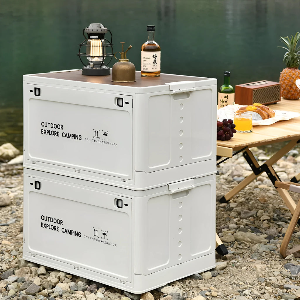Large plastic storage box with wooden lid in ivory white colour showing 45L capacity dimensions