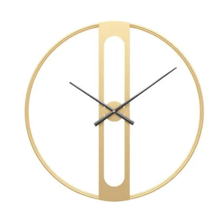 Large 50cm round metal wall clock in black or gold colour on a wall.