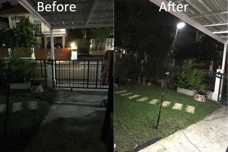 White LED fishing rod light unit on a tall telescopic pole with a remote control, for outdoor night use.