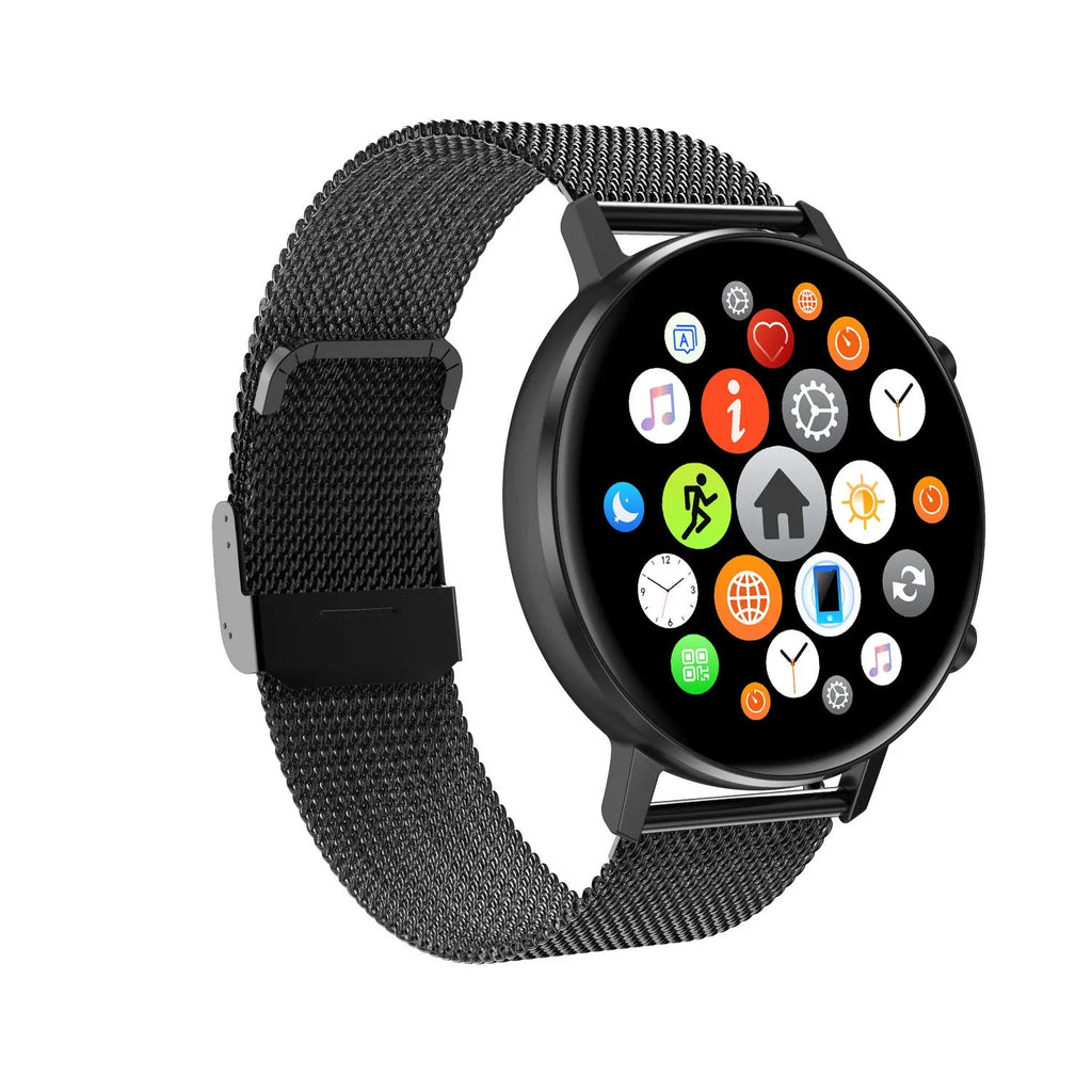 DT96 smart fitness bracelet with colour display and stainless steel strap in black, rose gold, or silver