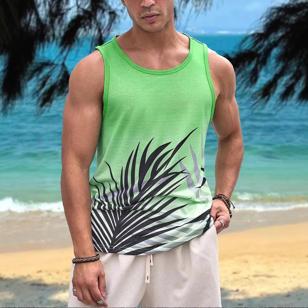Men's 3D printed Hawaiian-style sleeveless vest t-shirt in polyester fabric