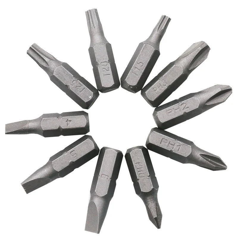 L-shaped socket wrench handle with ten double-headed drill bits and sockets on work surface