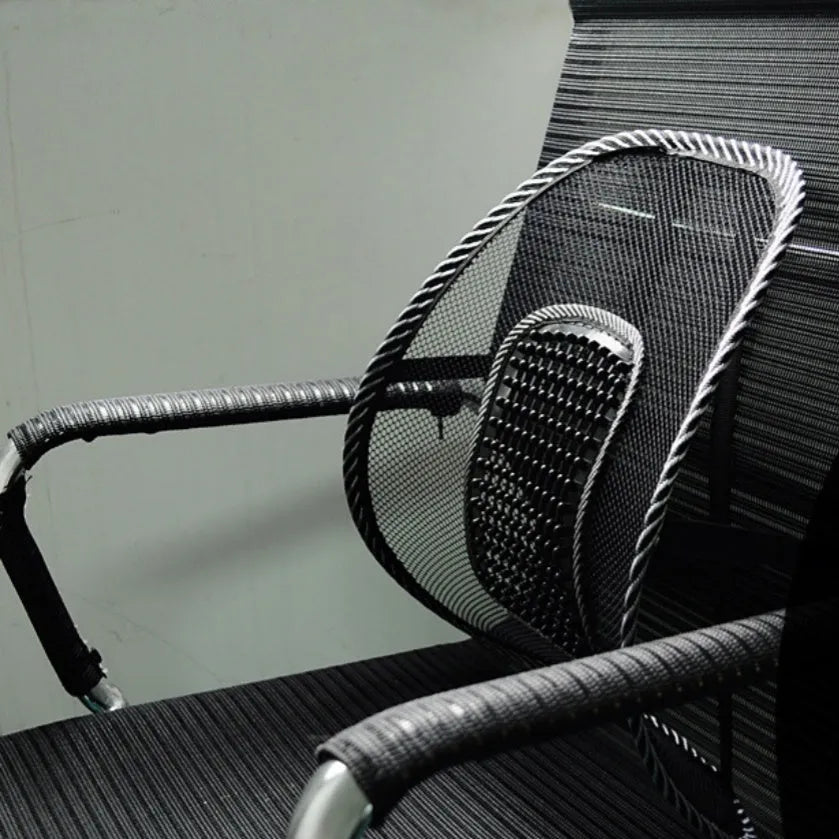 Black lumbar support pillow for car seat measuring 41 by 39 centimetres.