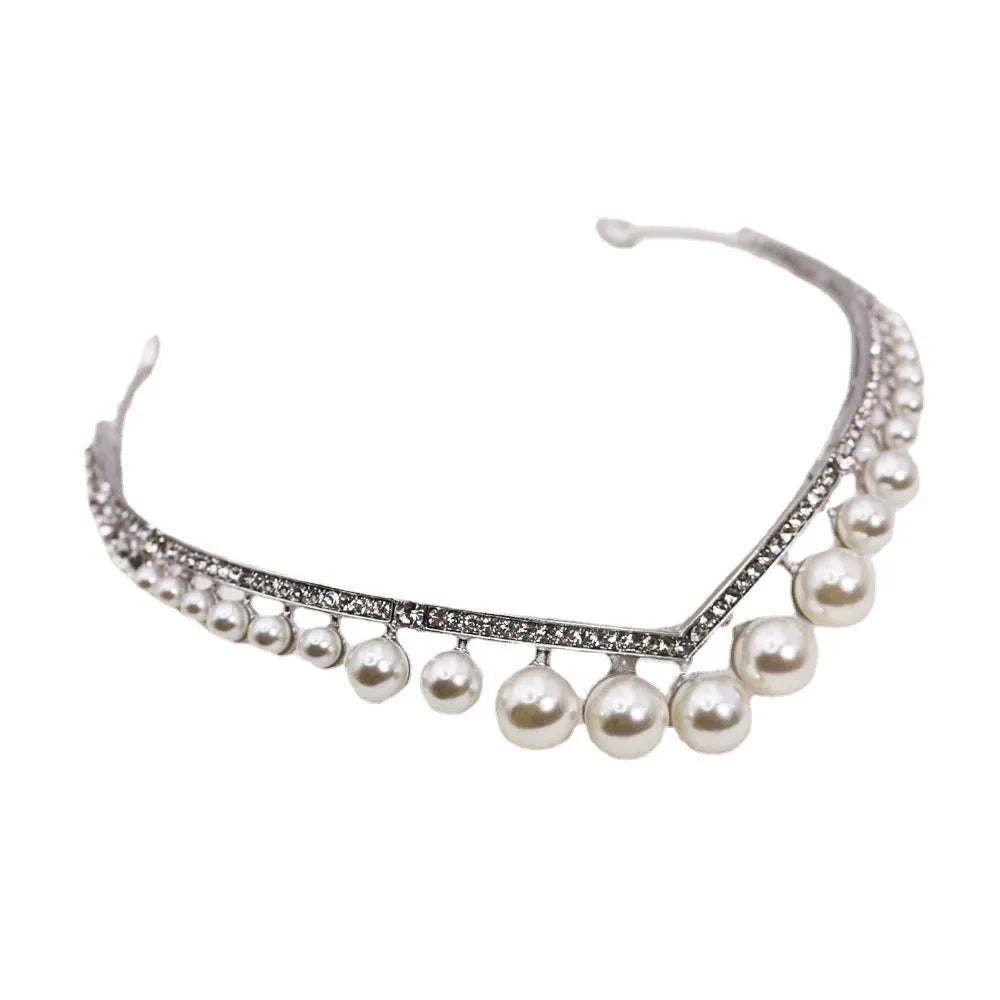 Silver alloy wedding crown with pearl decoration, 13 cm diameter, 3 cm height
