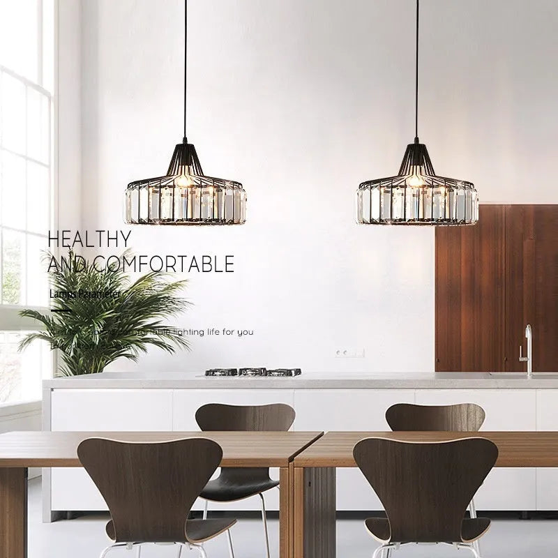 Modern crystal ceiling pendant lamp with LED light source in black or gold finish